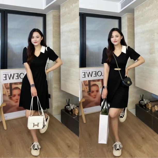 【修容裙】摩妮卡大码女装撞色设计甜辣风连衣裙N8400
