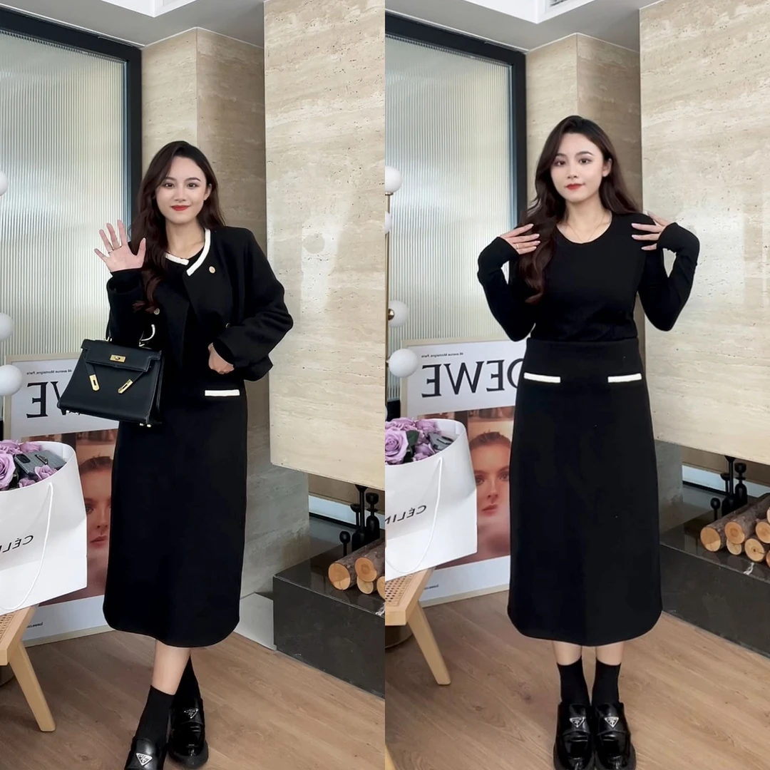 【5折清仓现货现发】小香风外套+黑色气质高腰开叉针织半身裙73435