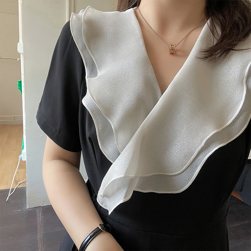 大码女装2023年夏装新款胖mm显瘦大翻领法式一片式连衣裙子4419
