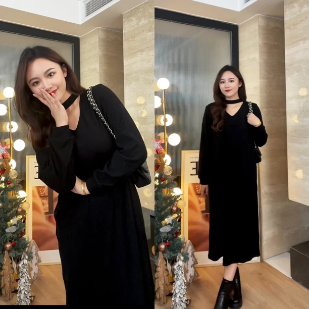 【镂空V领连衣裙】胖mm慵懒风大码女装显瘦遮肉针织裙子4507