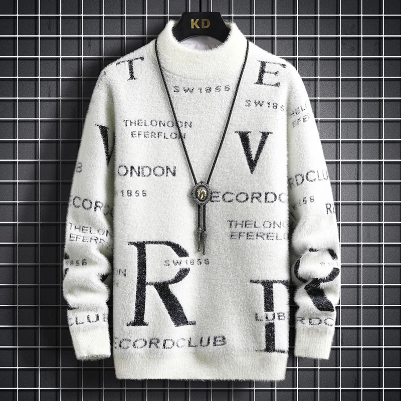 2024秋冬季新款加绒加厚半高领毛衣男士潮流针织打底衫保暖上衣服