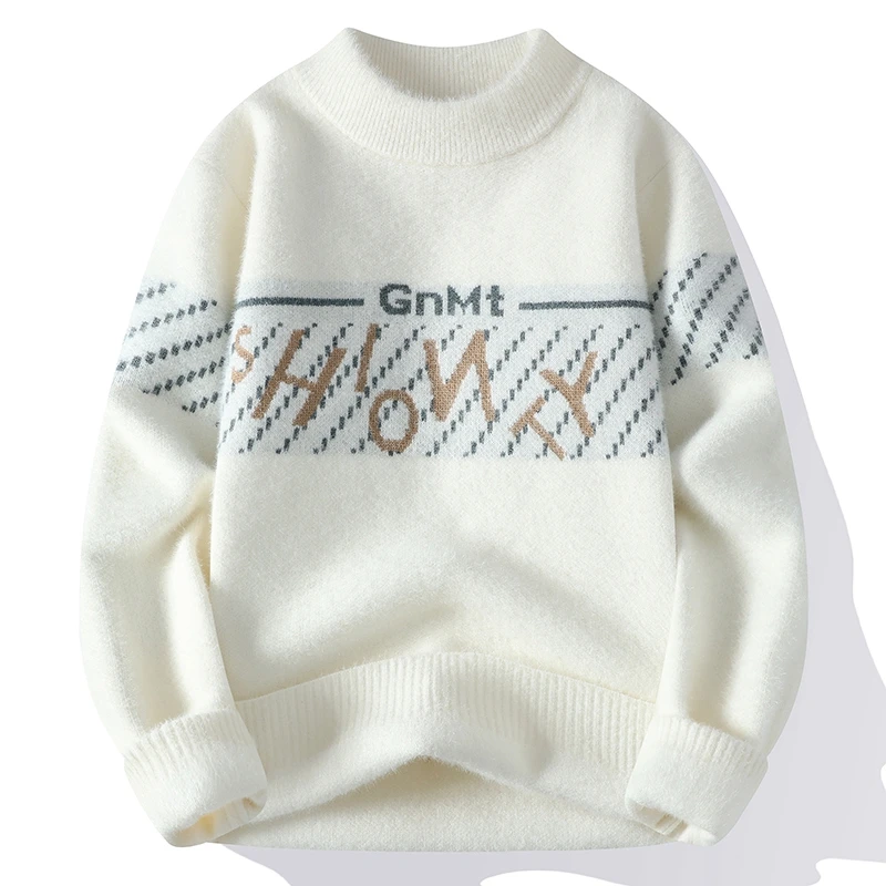 2024秋冬季新款加绒加厚半高领毛衣男士潮流针织打底衫保暖上衣服