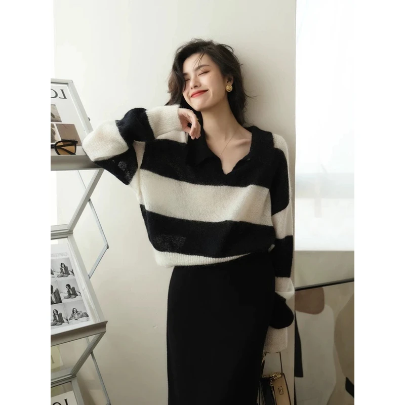 G货！法国小众慵懒风山羊绒衫女条纹撞色针织衫毛衣polo衫外搭