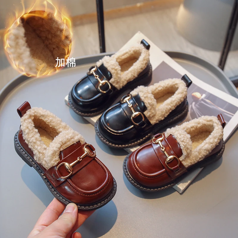 儿童鞋子2023新款秋冬加绒女童棉鞋女孩公主鞋保暖黑色女宝乐福鞋