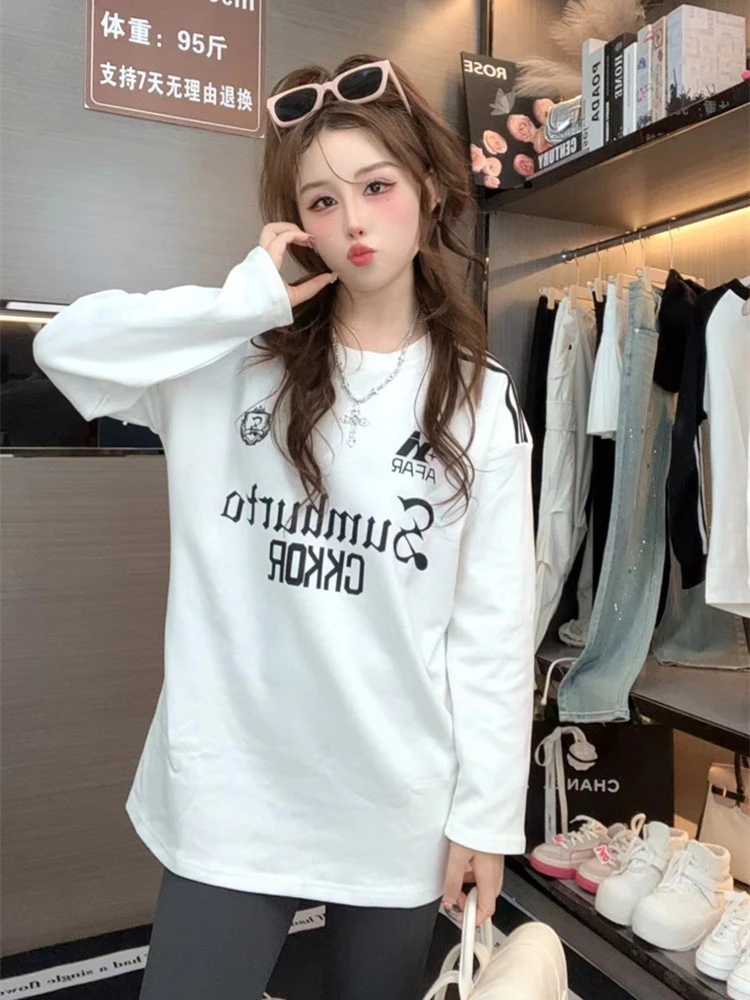 宽松百搭春秋长袖遮屁股t恤打底衫女磨毛秋冬叠穿显瘦三条杠上衣