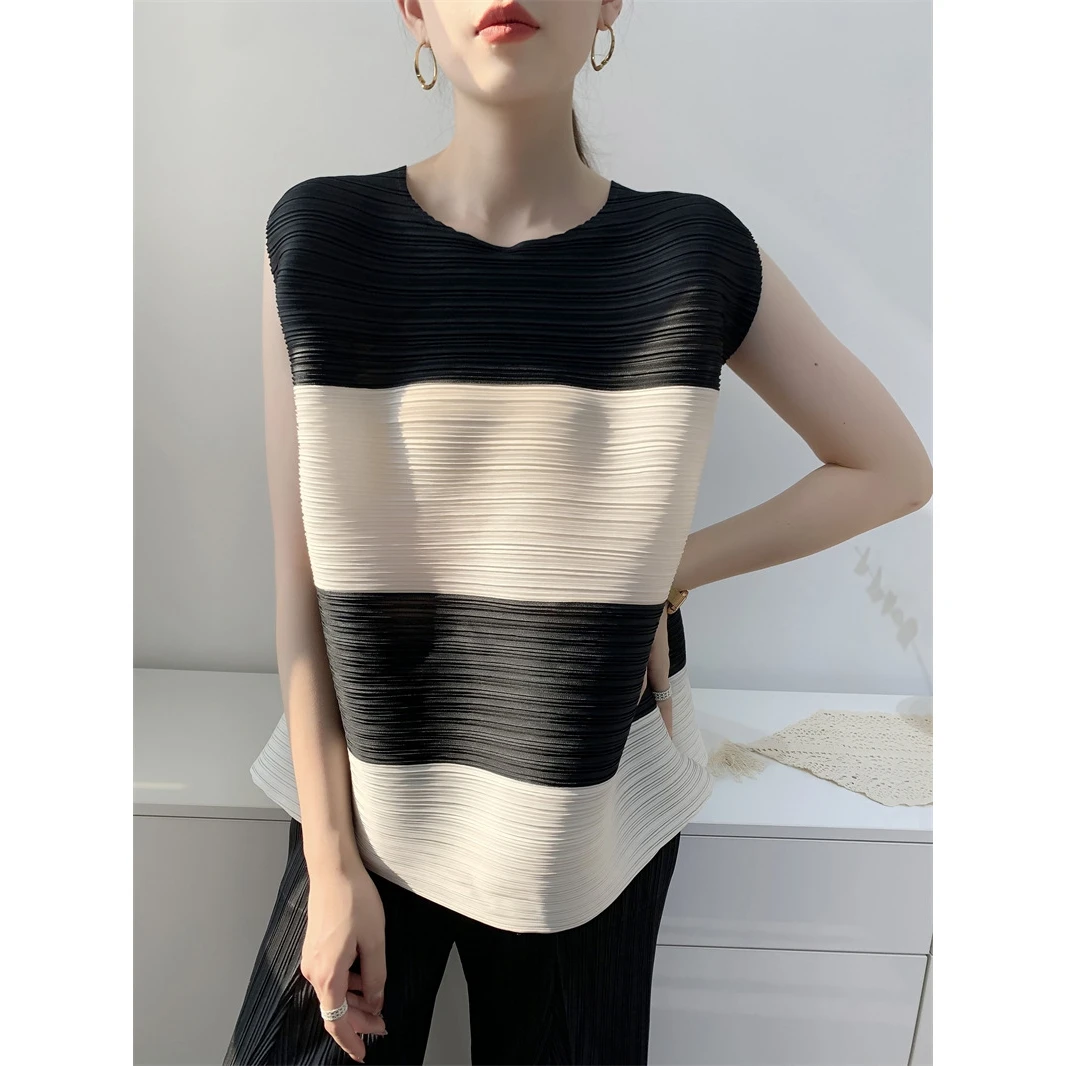 三宅褶皱上衣女背心设计感T恤拼色小众设计夏季时尚压褶衣服女