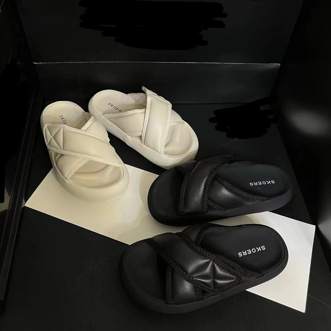 【起司奶盖】2024夏季新款羊皮厚底舒适休闲时尚百搭懒人外穿凉拖鞋