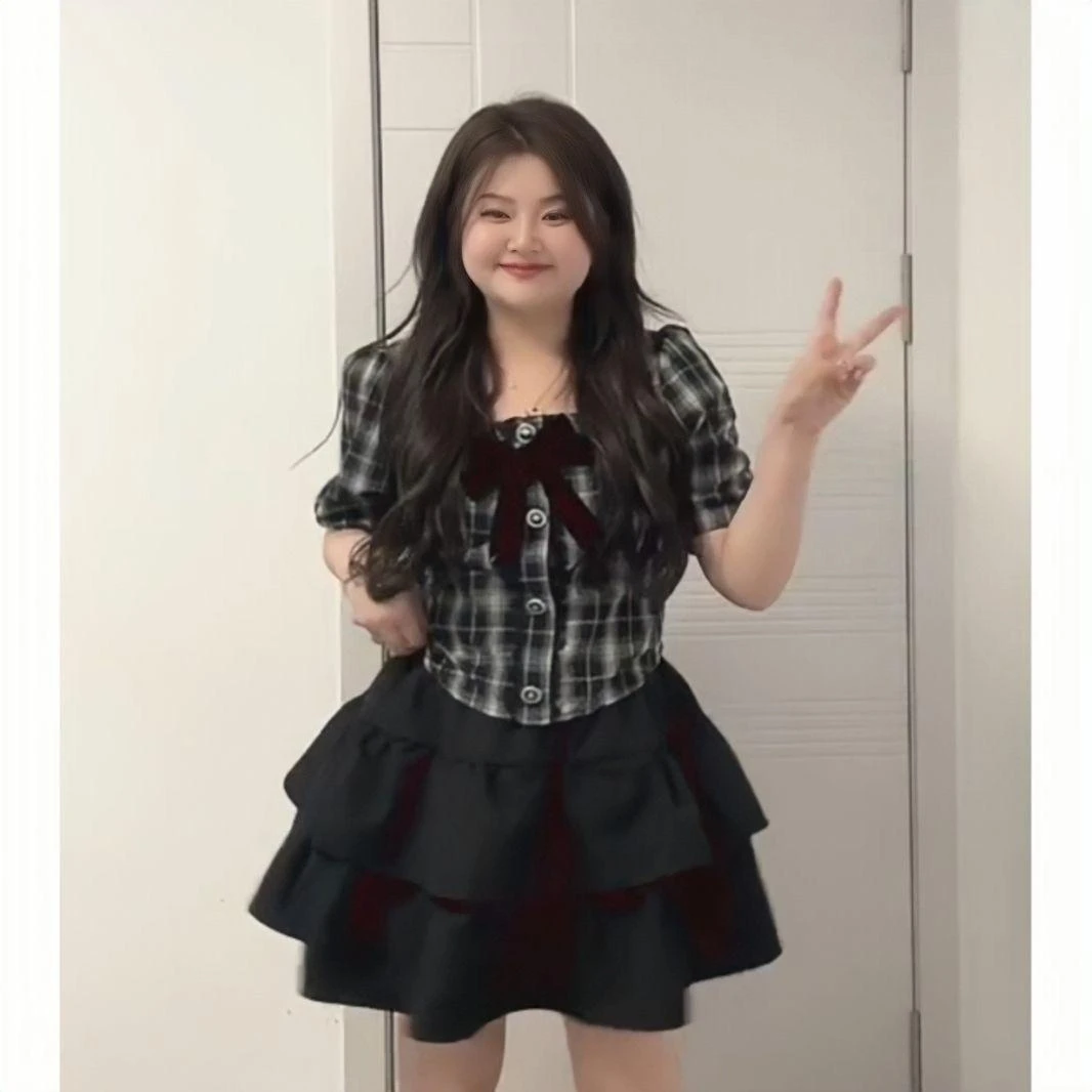 大码胖mm纯欲风甜妹法式蝴蝶结泡泡袖修身收腰显瘦网红女装连衣裙