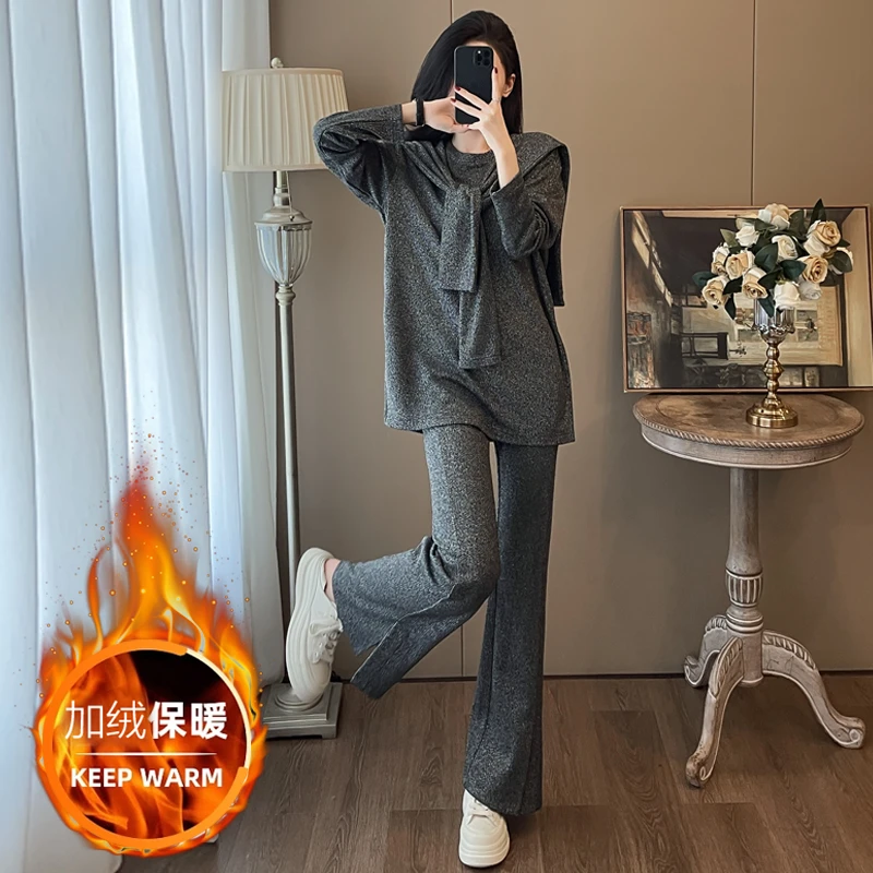 时尚气质套装女士秋冬季加绒慵懒风长袖上衣开衩拖地裤披肩三件套