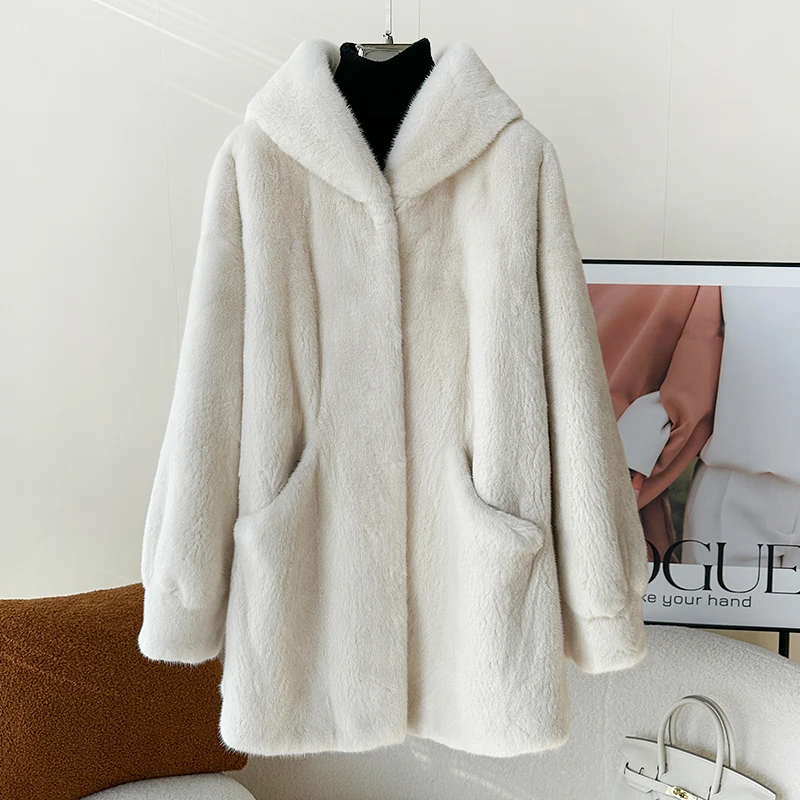 海宁新款天鹅绒级整貂皮大衣女年轻水貂皮草外套中长款连帽22123