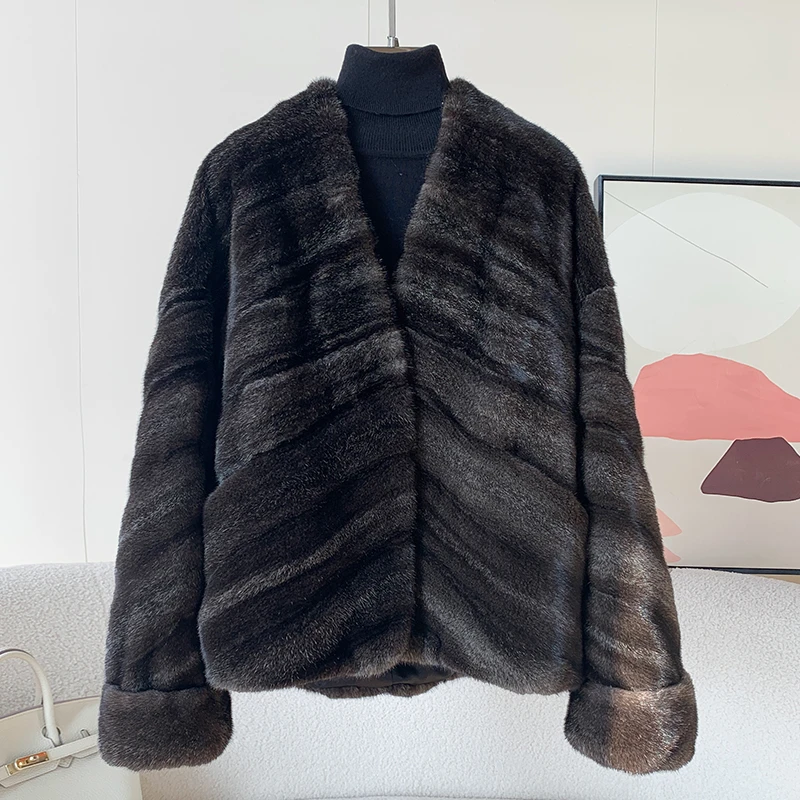新款星辰本色貂斜排水貂全抽皮草外套V领天鹅绒貂皮大衣女58192-1