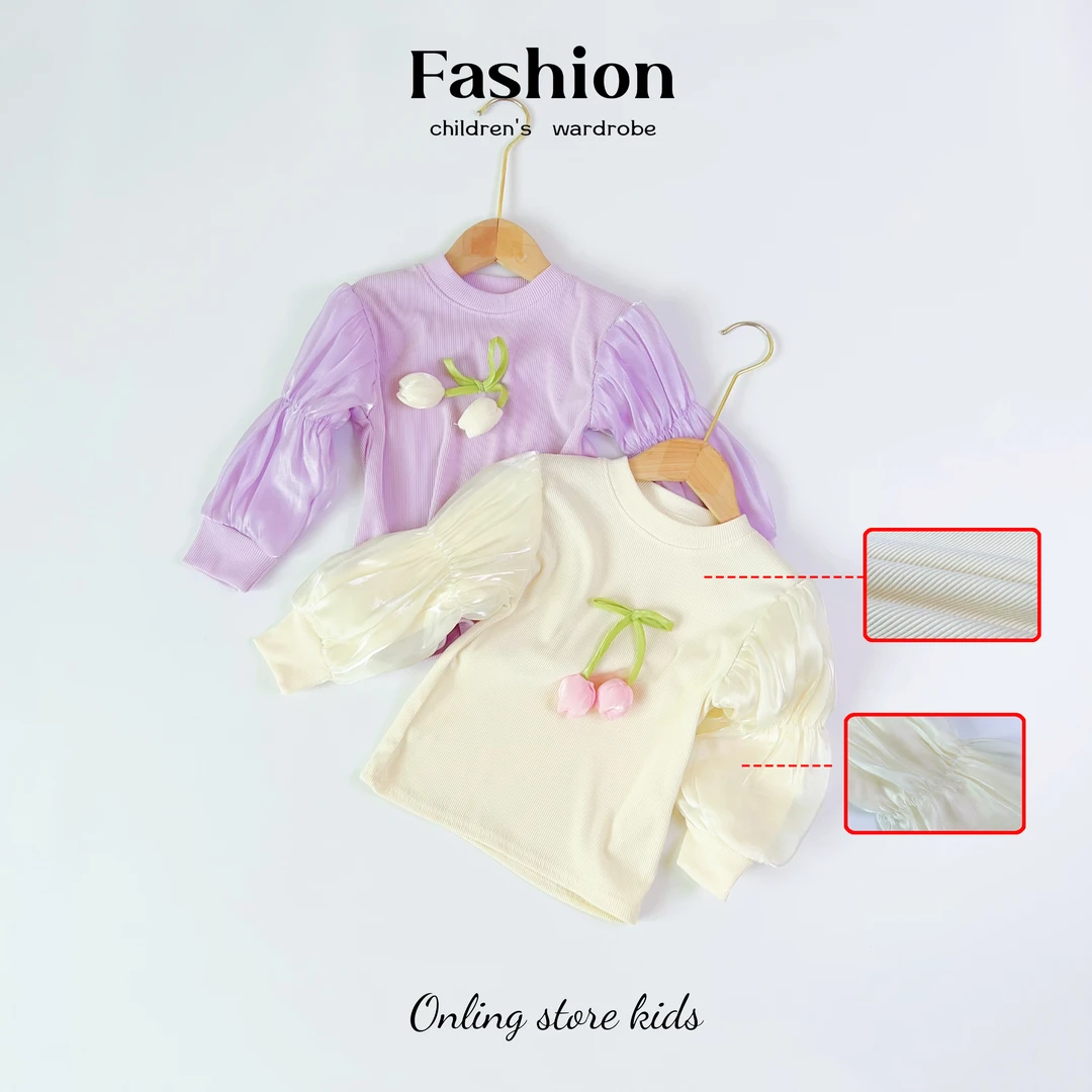 【现货】女童春秋新款坑条棉郁金香多彩打底卫衣泡泡袖打底衫5201卡