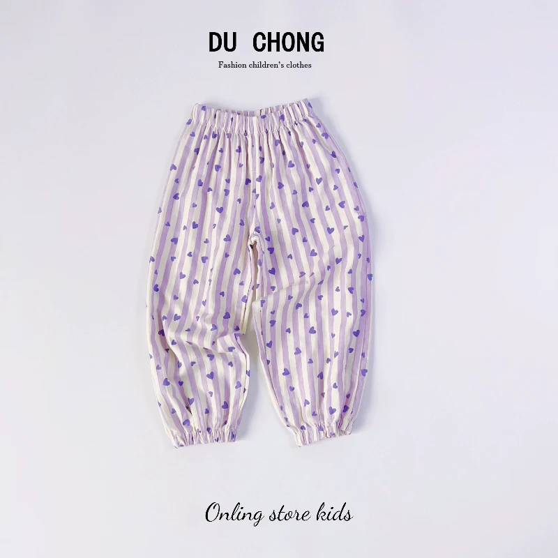 （都宠现货9198儿童夏季新款纯棉棉纱爱心条纹休闲裤防蚊裤空调裤