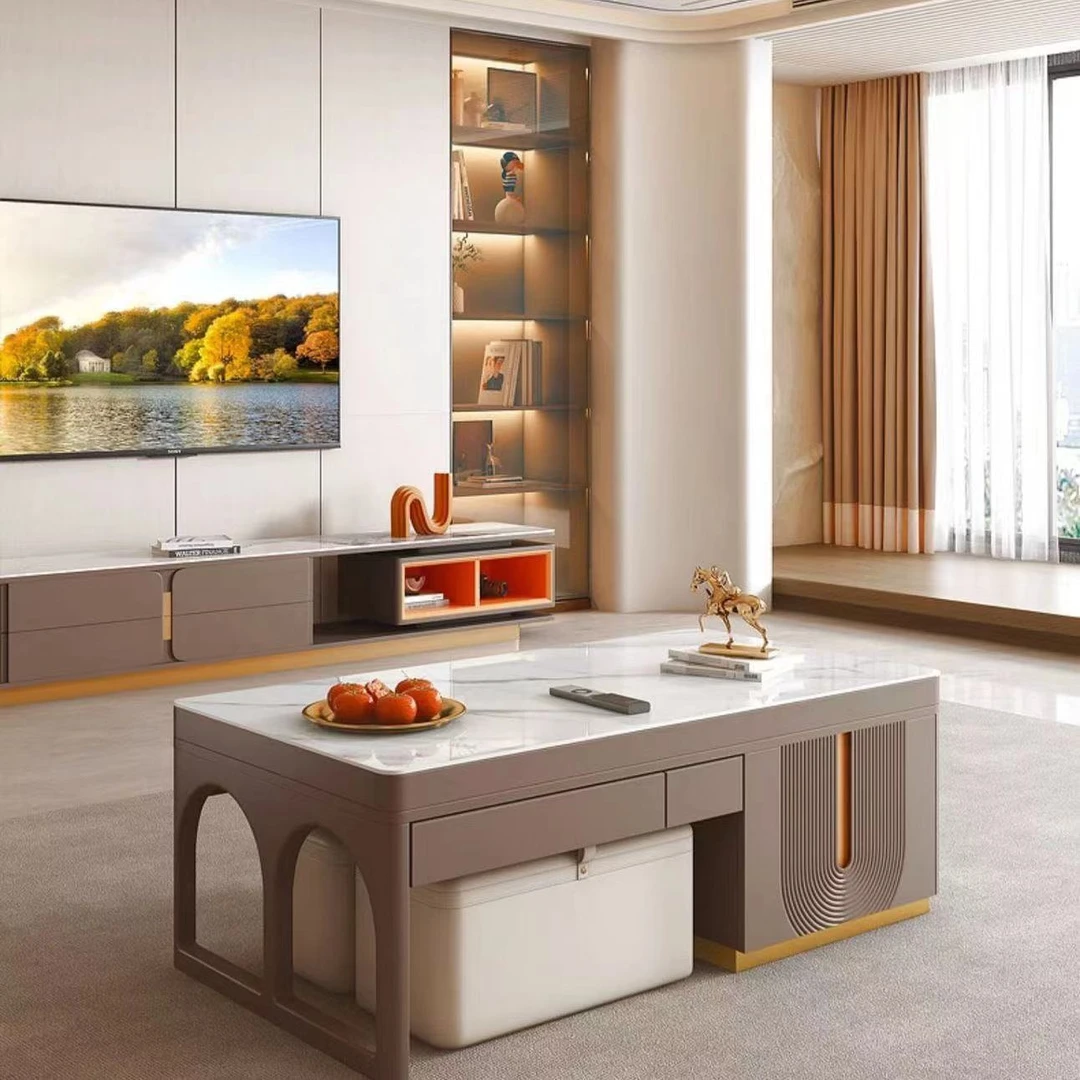 岩板多功能升降茶台，带凳子轻奢客厅家用创意简约桌椅储物可伸缩