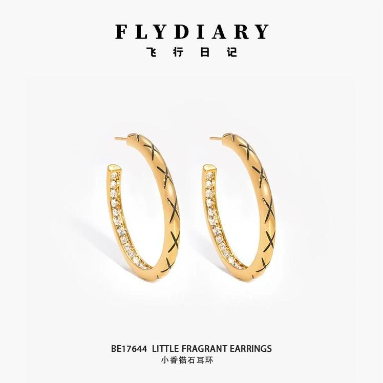 铜合金耳饰 小香耳环锆石棱格型环形耳环高级时尚百搭轻奢欧美
