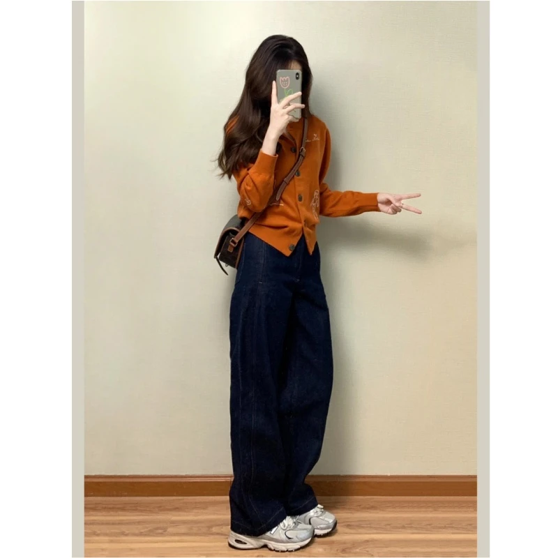 2024入秋橙色印花盐系穿搭复古港风橘调元气显白软糯高级针织开衫