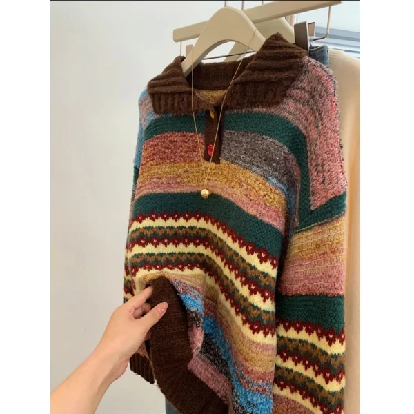 费尔岛彩色条纹宽松套头翻领外穿毛衣女士慵懒高级感加厚打底内搭