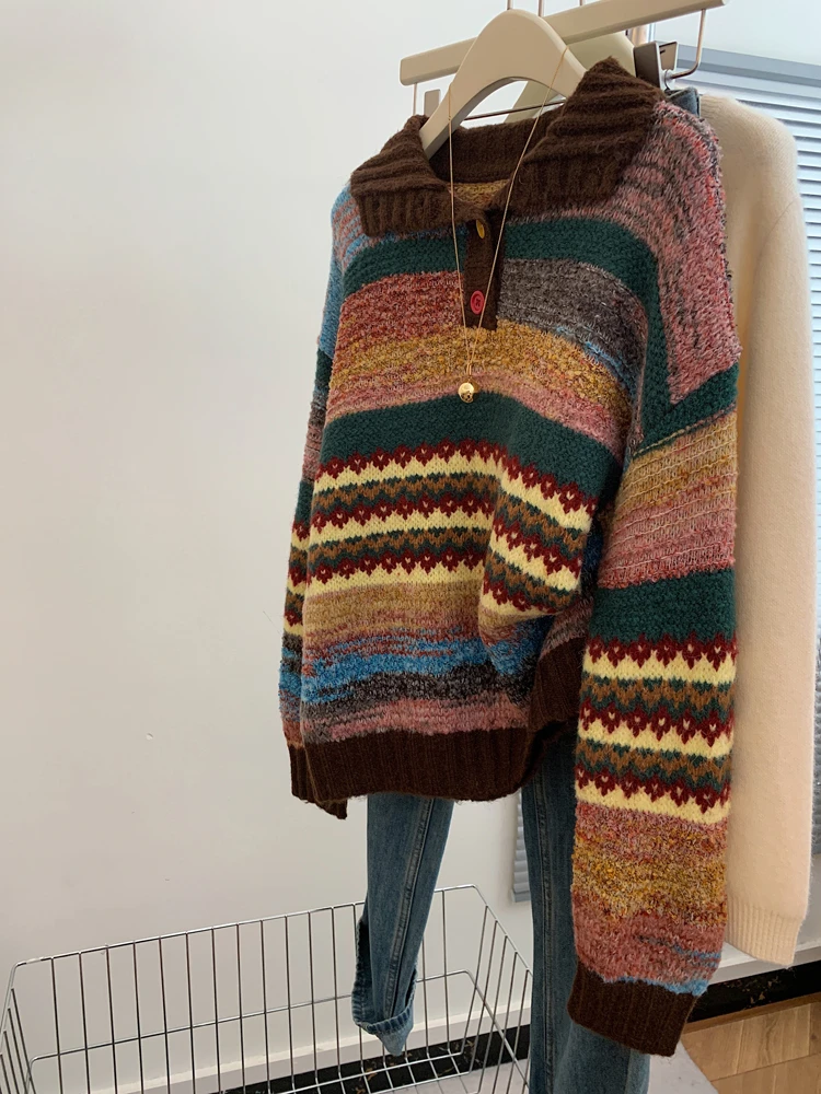 【米米专属】费尔岛彩色条纹宽松套头翻领外穿毛衣女士慵懒高级感厚