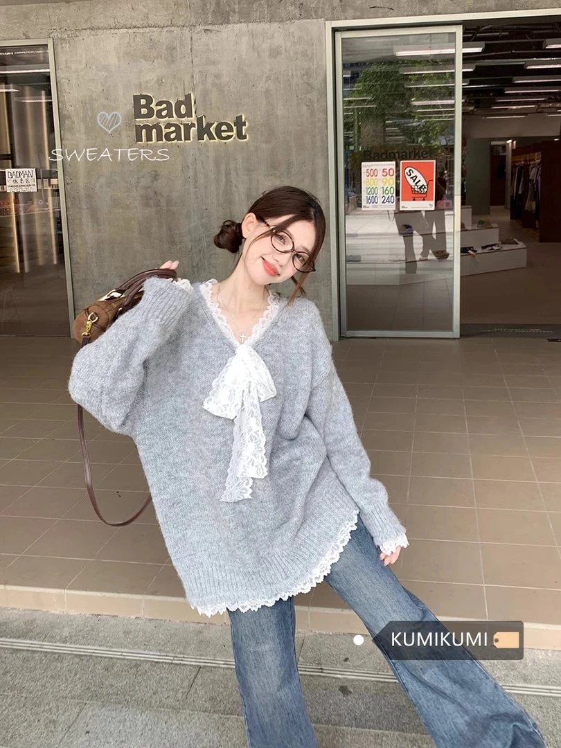 蕾丝拼接高级感针织衫上衣女2024年百搭宽松韩系新款甜美小外套潮