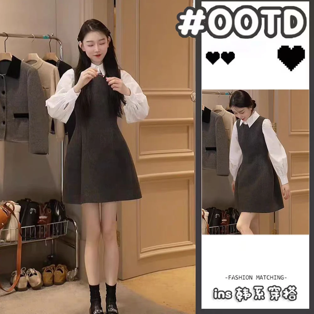 【清仓】新款法式复古高级感小香风连衣裙慵懒收腰衬衫两件套女