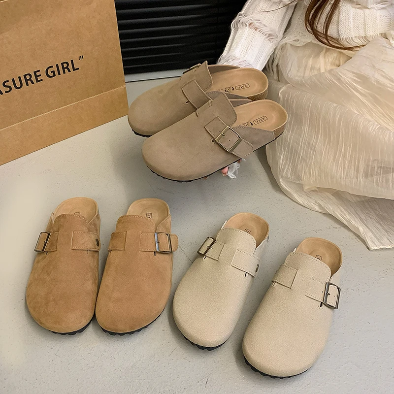 白菜家专属3cm~勃肯包头半拖女2024秋季新款小众感半拖软木底拖鞋