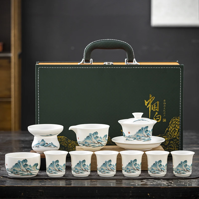 德化羊脂玉瓷素烧千里江山礼盒套组陶瓷家用大容量盖碗功夫茶具