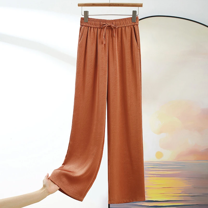 夏季新款桑蚕丝阔腿裤女高腰显瘦窄版垂感直筒裤大码真丝休闲裤薄