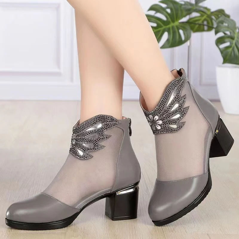 凉靴2025新款女网纱凉鞋女士凉皮鞋女网靴中跟粗跟妈妈鞋单靴短靴