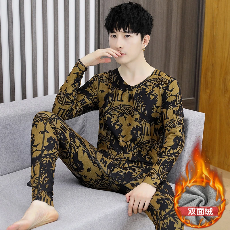 2023秋冬季德绒无痕保暖内衣套装大码弹力V领男士秋衣秋裤两件套