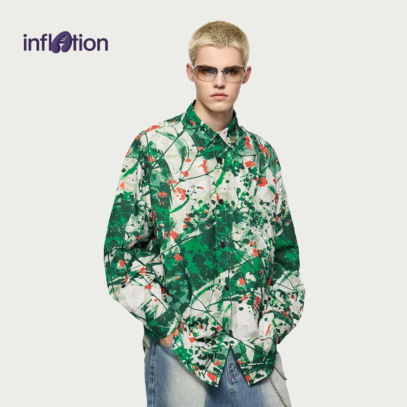 膨胀潮牌刷色笔触花卉印花泡泡纱衬衫2024秋冬新品潮牌宽松长袖男