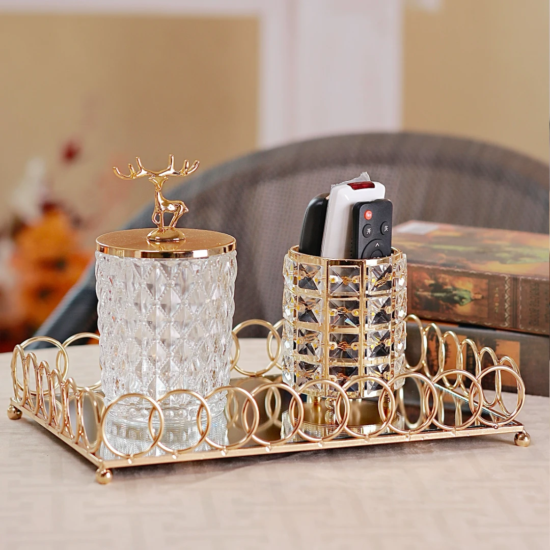 欧式轻奢金色大容量镜面托盘摆件化妆品桌面收纳盘金圈托盘