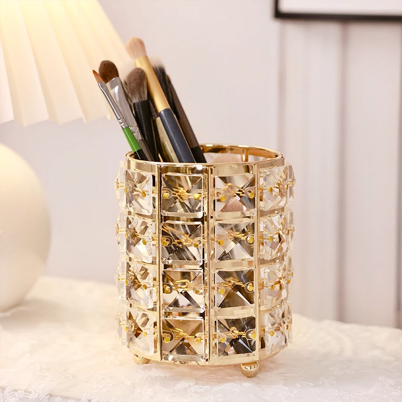 北欧轻奢金色水晶玻璃笔筒客厅桌面收纳化妆刷置物架手工水晶笔筒