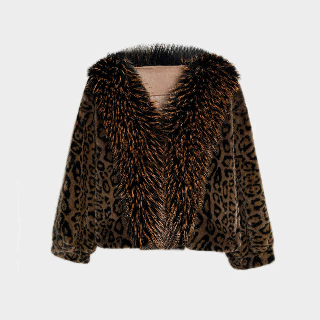 【有才专属】2024冬季新款时尚显瘦短款女士宽松加厚豹纹毛毛外套