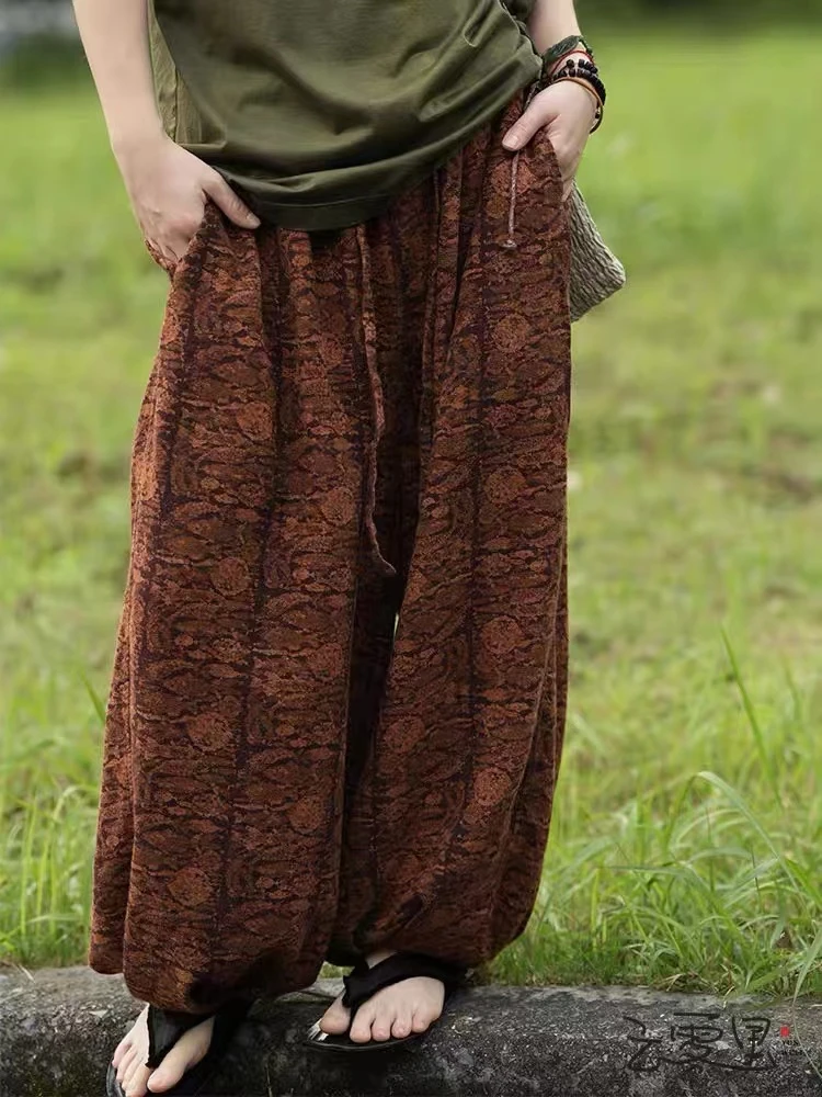 云雾里 原创设计复古文艺宽松休闲亚麻提花萝卜裤2087