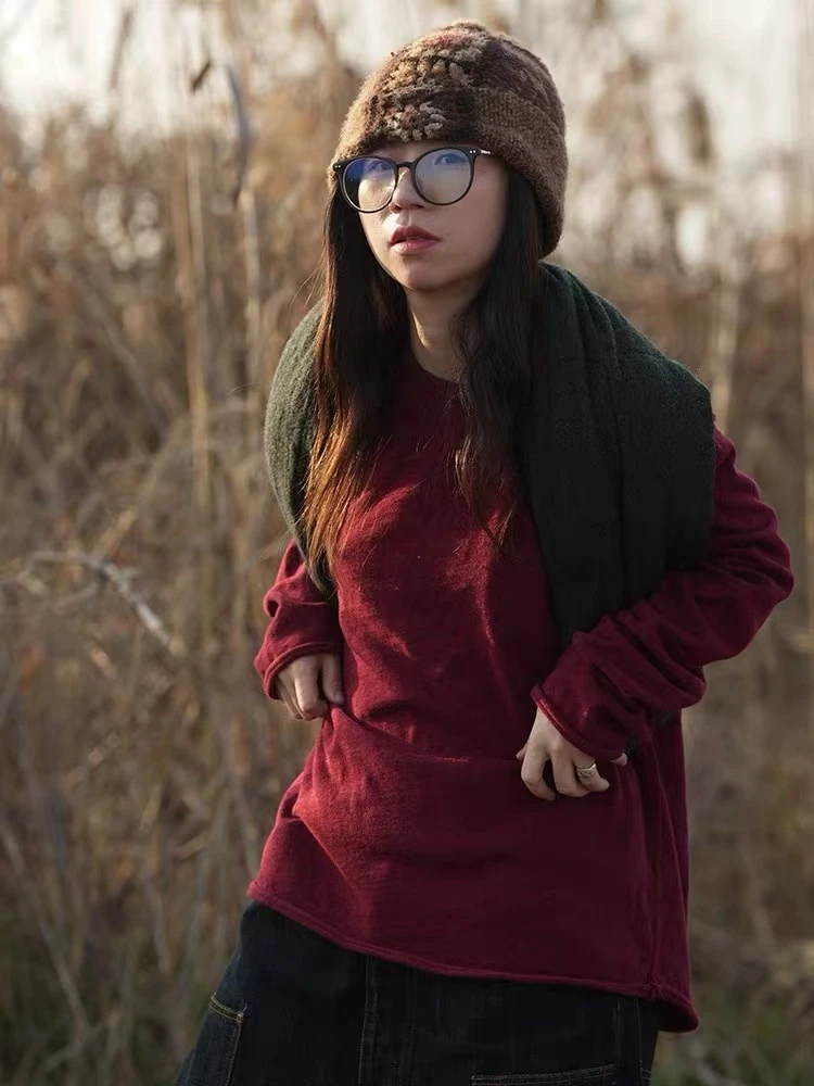 云雾里 原创设计复古文艺休闲羊毛棉圆领针织长袖T 1325