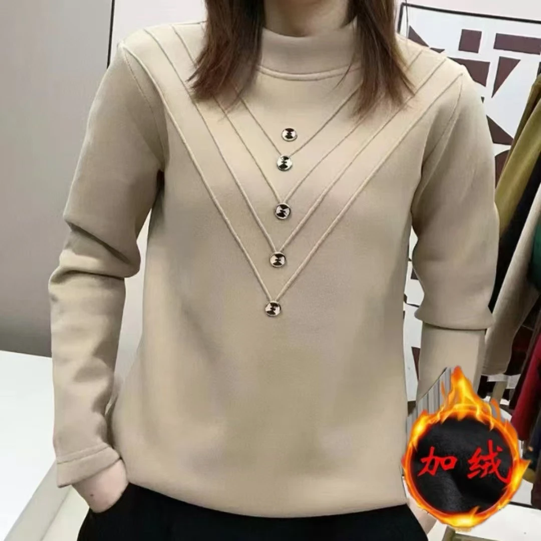 五扣秋冬季加绒加厚保暖遮肉显瘦百搭保暖卫衣圆领