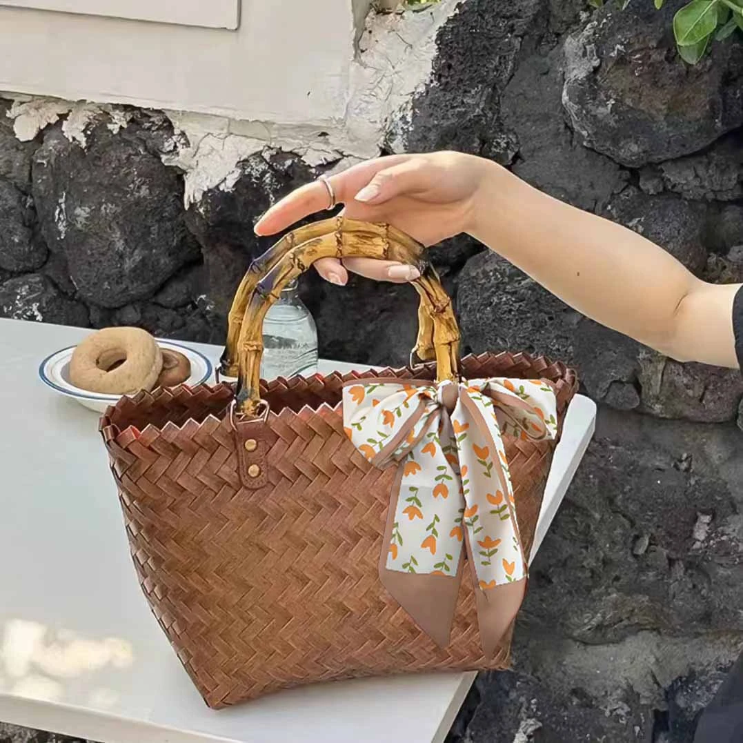 （送丝巾）中号木塑竹节把女轻奢时尚手工编织百搭小众包包手提包