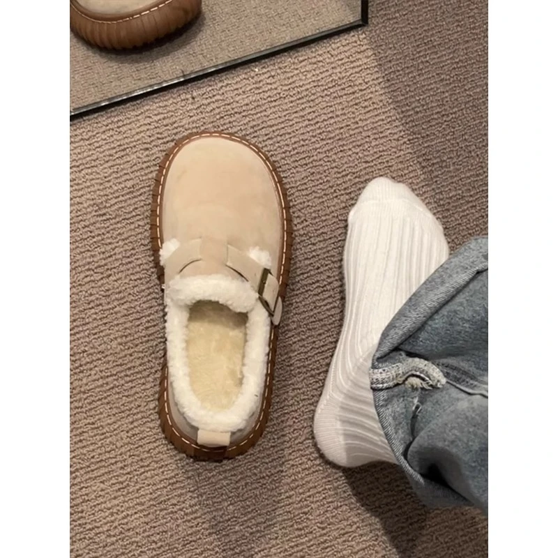 2024新款时尚复古加绒皮带扣勃肯鞋女冬保暖舒适一脚蹬棉鞋雪地鞋