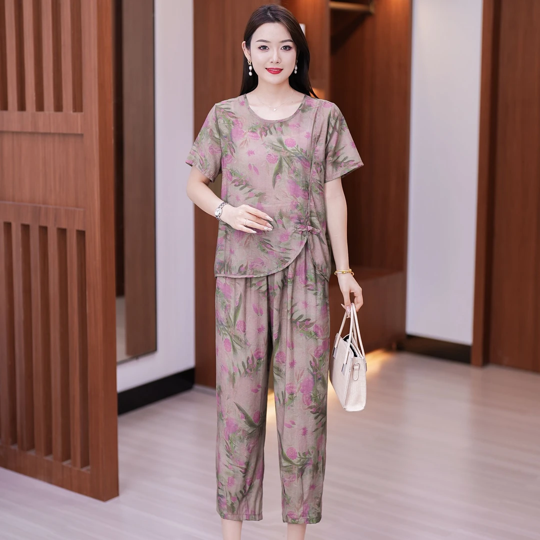 Mengjia2024新款国风套装夏季中老年女装套装妈妈装透气宽松薄款