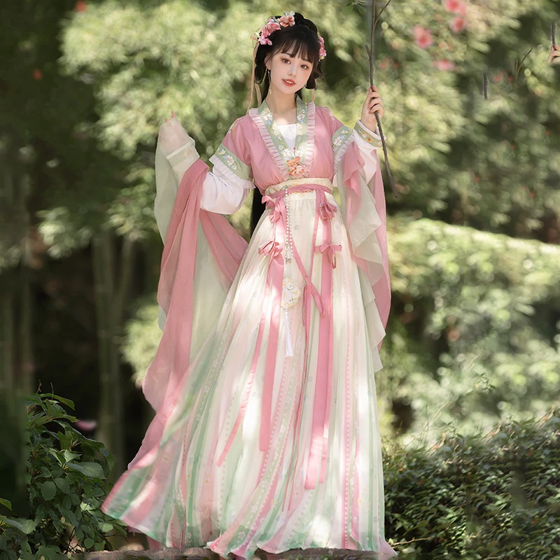 原创齐胸汉服【水露百合】唐制褙子大袖齐腰绣花清新中国风秋夏古风