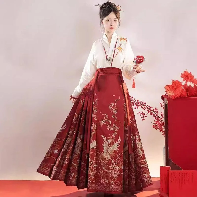 原创明制汉服【凤鸣在竹】中式中国风汉服红色刺绣衬衫日常交领套装