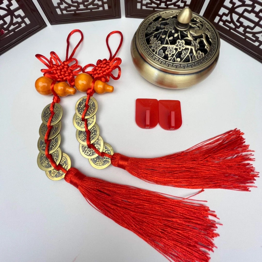 黄铜伍蒂钱挂件桃木葫芦挂件全红吉祥结中国结装饰挂件