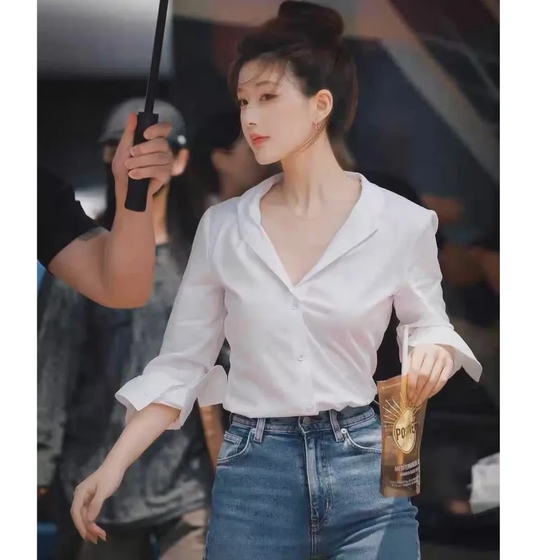 褶皱理念liushe/留奢 许我耀眼赵露思许妍同款白衬衫夏季薄款v领