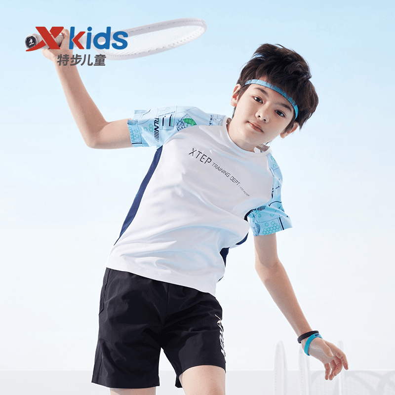 X kids/特步儿童中大童运动休闲透气拼接短夏季新款印花男童套装