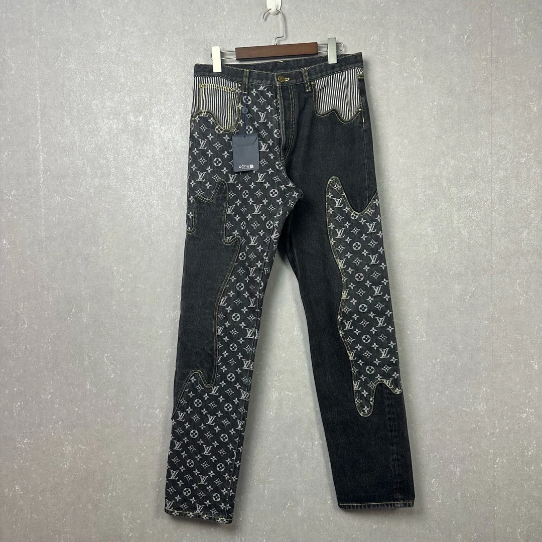 LOUIS VUITTON LV联名款结构接老花满印牛仔裤30码全新带吊002457