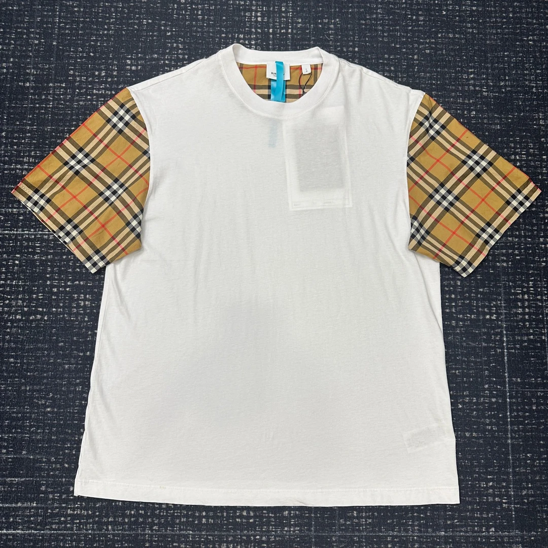 Burberry 博柏利 格纹拼接设计圆领白色短袖 全新带吊L码001690