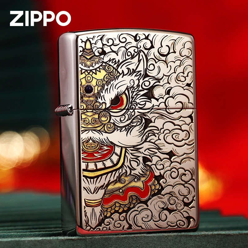 zippo煤油打火机深雕镶嵌醒狮防风原装送礼国风传统DY9908DK
