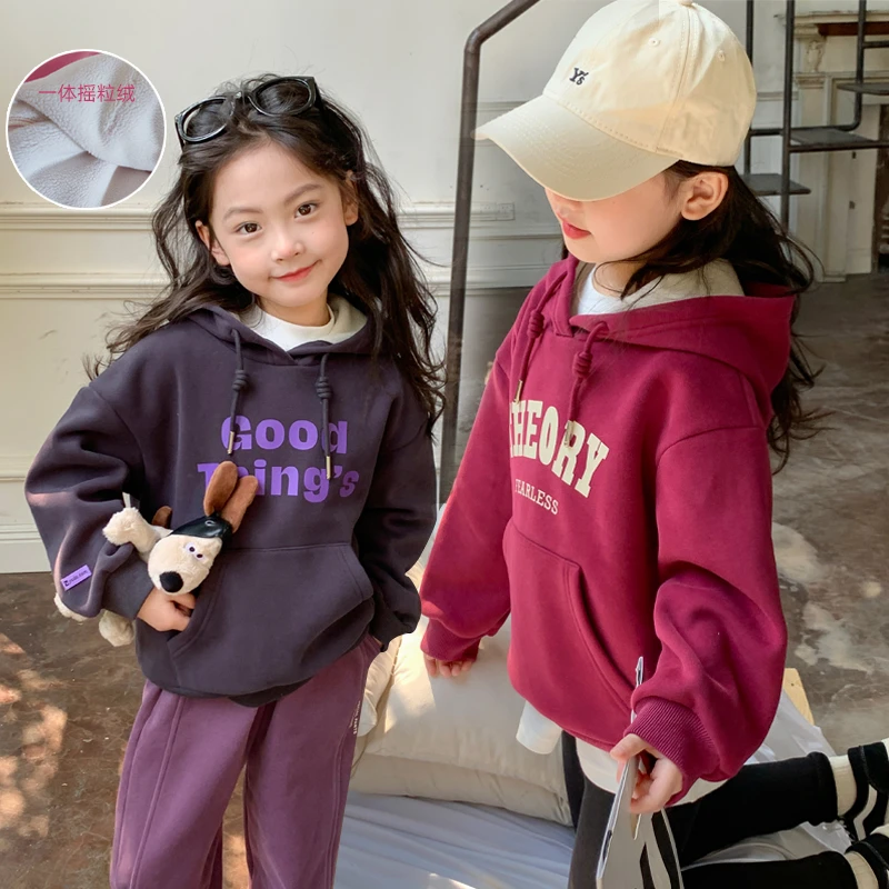 【现货】【一体摇粒绒】潮流女童时尚印花连帽卫衣秋冬保暖童装上衣