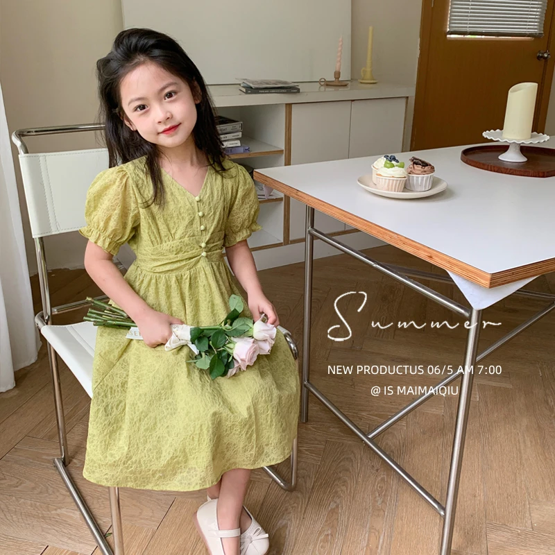 【现货】【纯棉亲子梨花院落】夏季女童气质V领收腰童装连衣裙