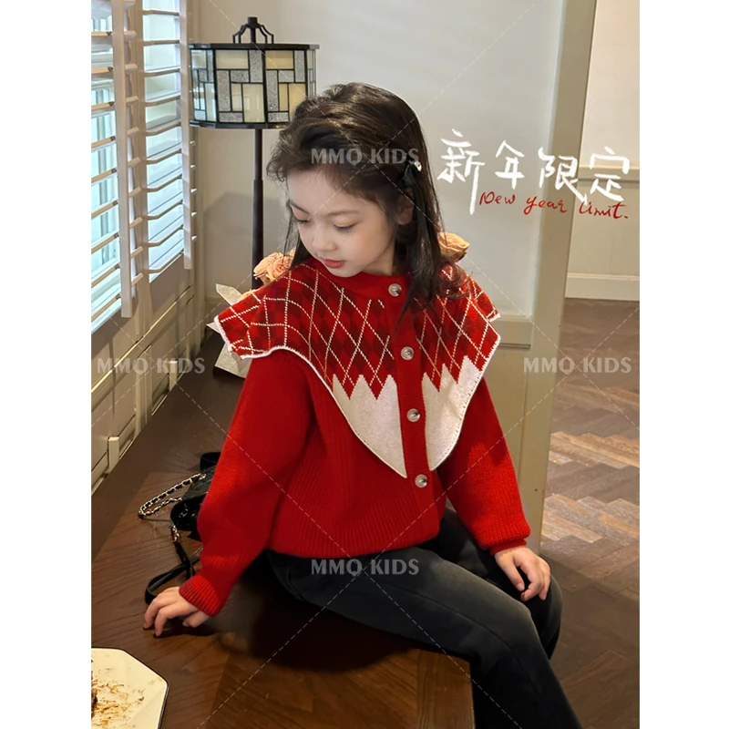 【现货】【平安喜乐】女童海军领新年装开衫毛衣秋冬百搭针织童装上衣